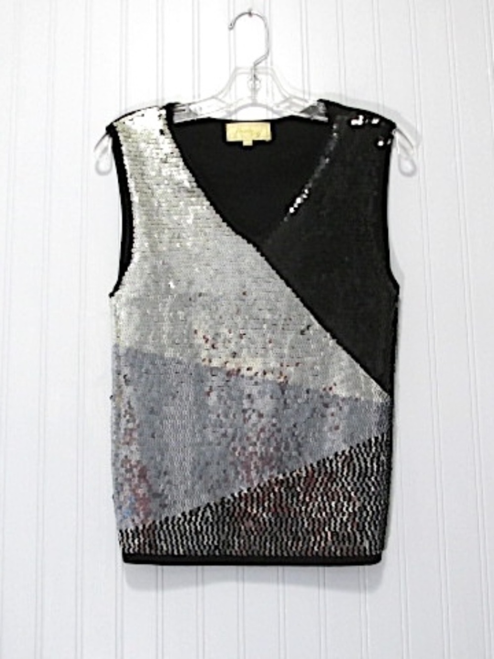 Frank Saul Vintage Silver Sequin Stretch Top, Size S